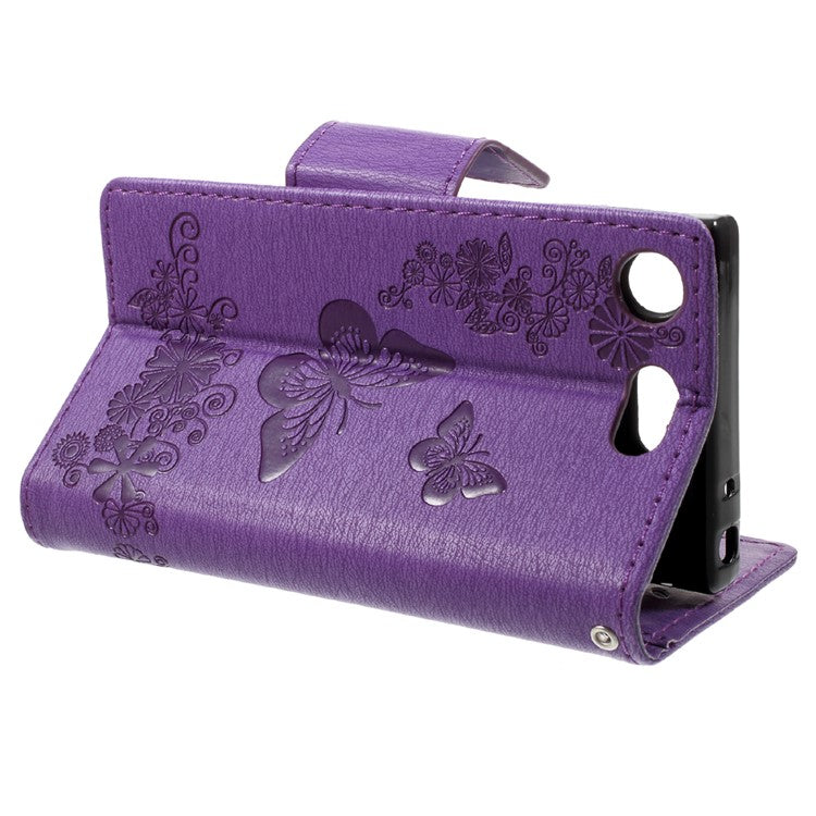 For Sony Xperia XZ1 Compact Imprint Butterfly Flower Leather Flip Wallet Stand Phone Case - Purple