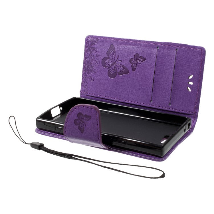 For Sony Xperia XZ1 Compact Imprint Butterfly Flower Leather Flip Wallet Stand Phone Case - Purple