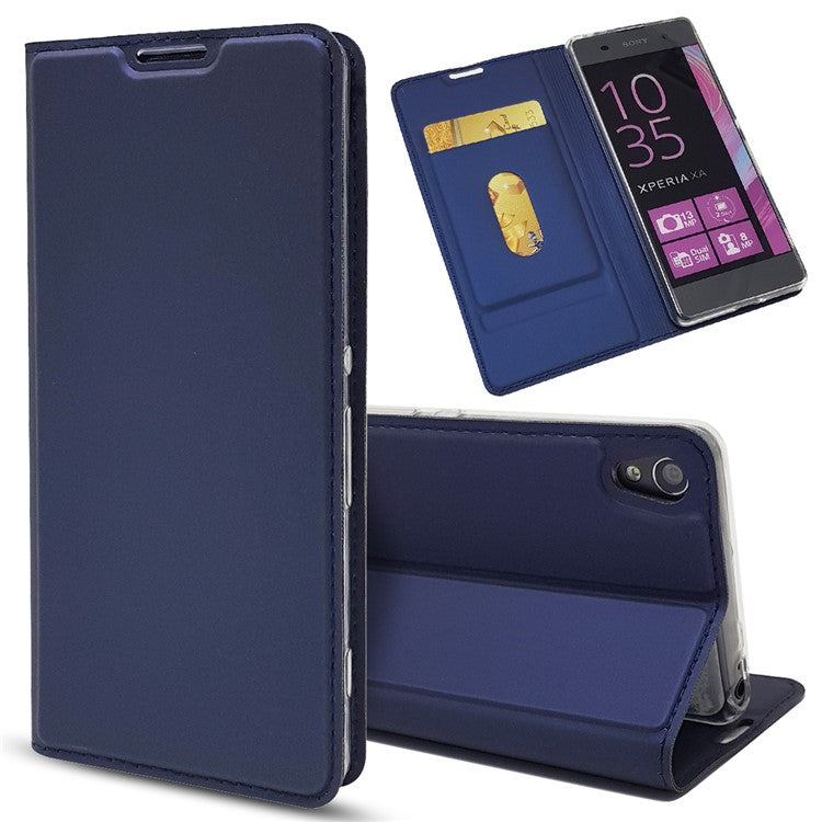 Magnetic Leather Card Holder Casing for Sony Xperia XA / XA Dual - Dark Blue
