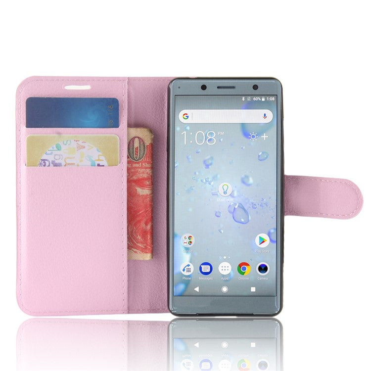 Litchi Texture PU Leather Wallet Stand Phone Cover or Sony Xperia XZ2 Compact - Pink