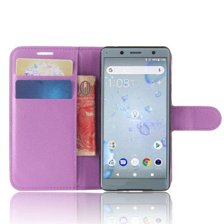 Litchi Texture PU Leather Wallet Stand Case Accessory for Sony Xperia XZ2 Compact - Purple