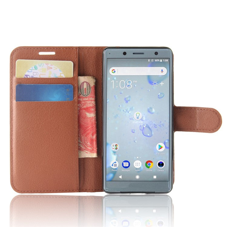 Litchi Texture Leather Wallet Stand Cover Case for Sony Xperia XZ2 Compact - Brown