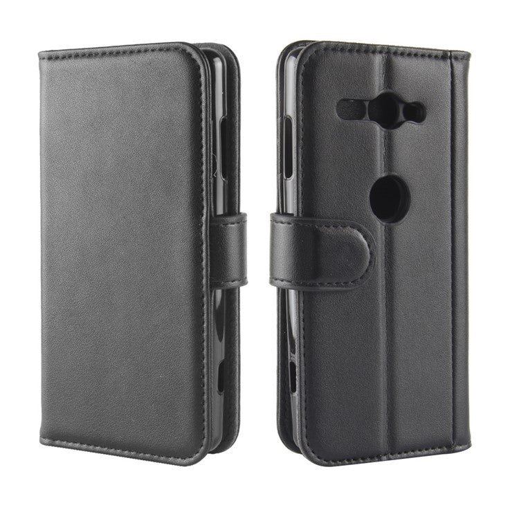 Genuine Leather Magnetic Wallet Phone Shell with Stand for Sony Xperia XZ2 Compact - Black