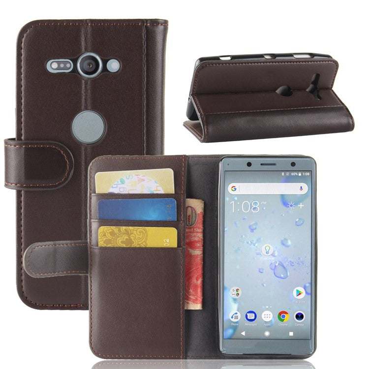 Genuine Leather Magnetic Wallet Phone Case with Stand for Sony Xperia XZ2 Compact - Brown