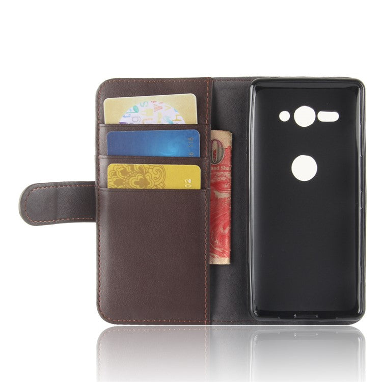 Genuine Leather Magnetic Wallet Phone Case with Stand for Sony Xperia XZ2 Compact - Brown
