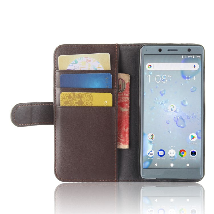 Genuine Leather Magnetic Wallet Phone Case with Stand for Sony Xperia XZ2 Compact - Brown