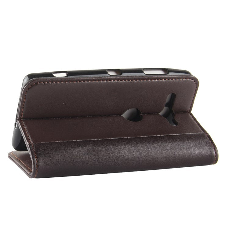 Genuine Leather Magnetic Wallet Phone Case with Stand for Sony Xperia XZ2 Compact - Brown