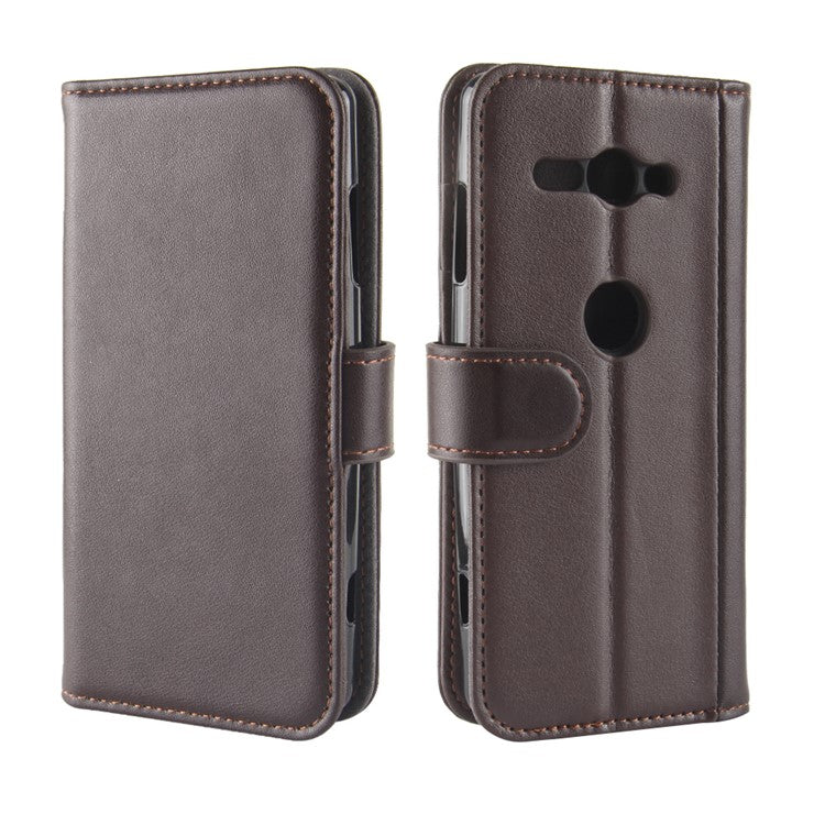 Genuine Leather Magnetic Wallet Phone Case with Stand for Sony Xperia XZ2 Compact - Brown