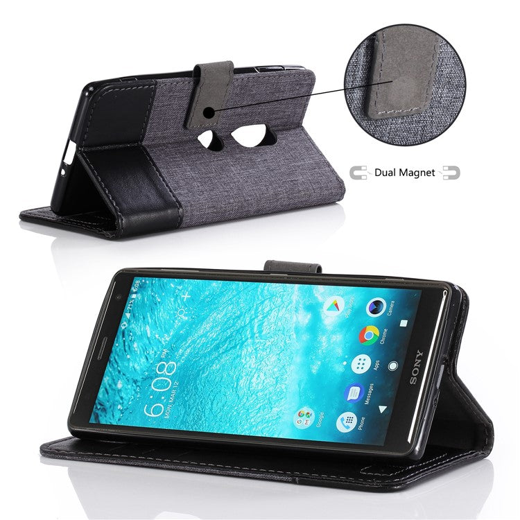MUXMA PU Leather Canvas Splicing Wallet Stand Case for Sony Xperia XZ2 - Black