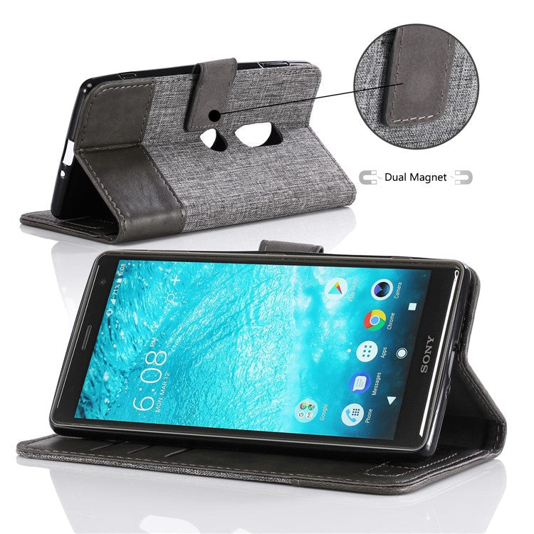 MUXMA PU Leather Canvas Splicing Wallet Stand Cover for Sony Xperia XZ2 - Grey