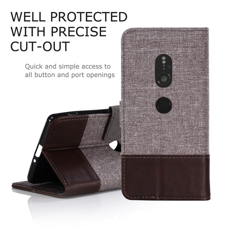 MUXMA PU Leather Canvas Splicing Wallet Stand Shell Case for Sony Xperia XZ2 - Brown