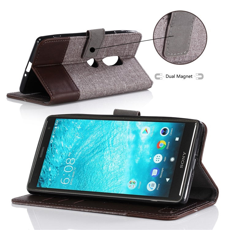 MUXMA PU Leather Canvas Splicing Wallet Stand Shell Case for Sony Xperia XZ2 - Brown