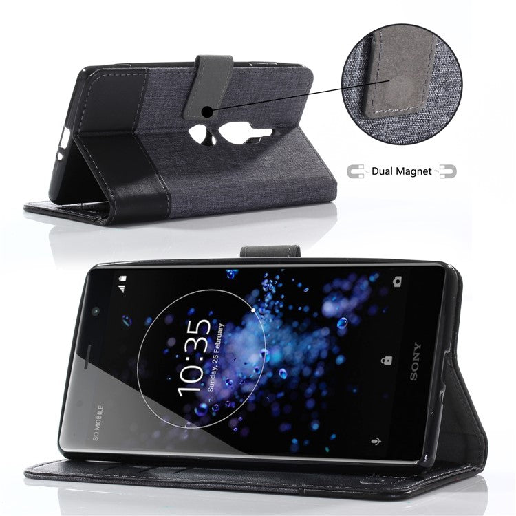 MUXMA PU Leather Canvas Splicing Wallet Stand Case for Sony Xperia XZ2 Premium - Black