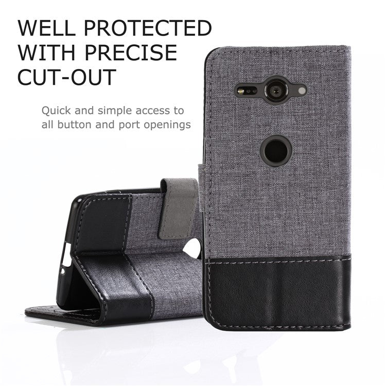MUXMA for Sony Xperia XZ2 Compact Splicing PU Leather Canvas Wallet Stand Shell - Black