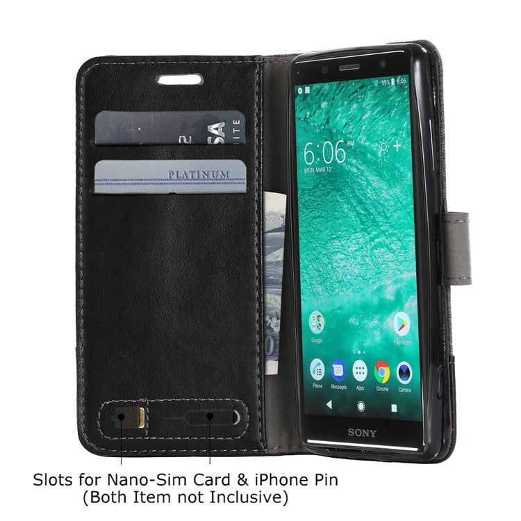 MUXMA for Sony Xperia XZ2 Compact Splicing PU Leather Canvas Wallet Stand Shell - Black