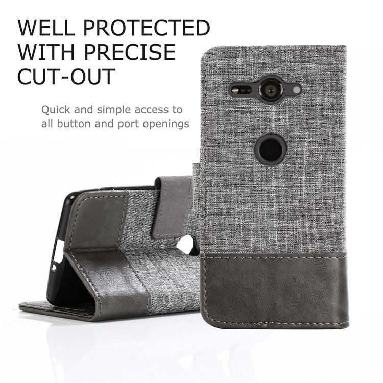 MUXMA for Sony Xperia XZ2 Compact Splicing PU Leather Canvas Wallet Stand Case - Grey