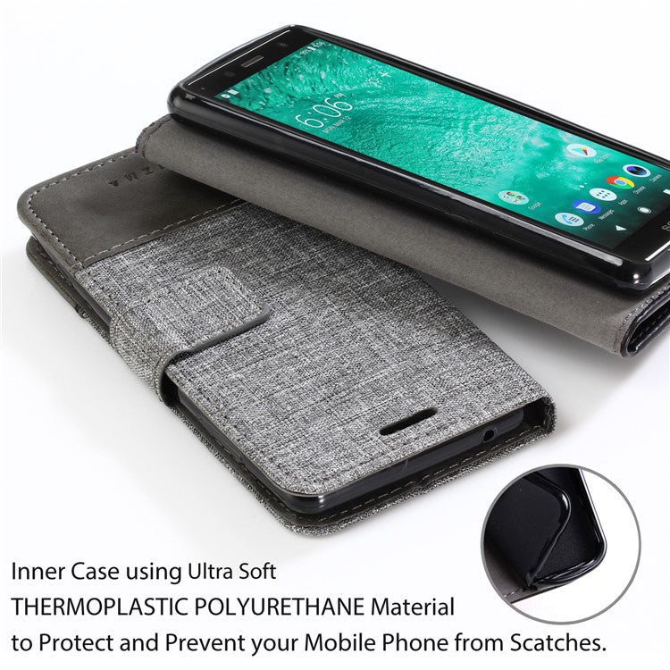 MUXMA for Sony Xperia XZ2 Compact Splicing PU Leather Canvas Wallet Stand Case - Grey