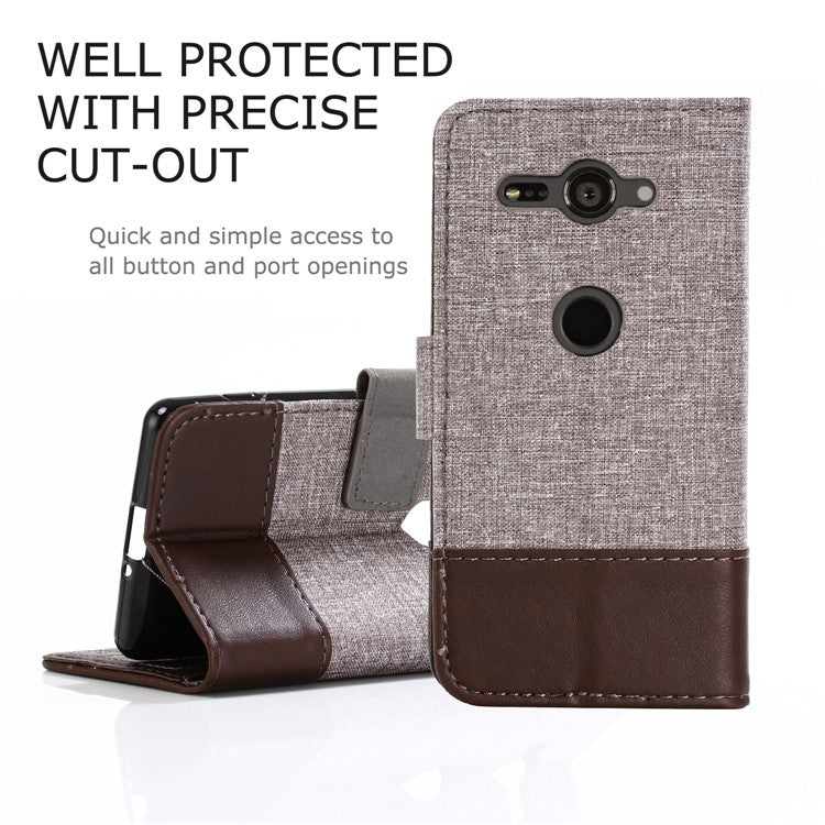 MUXMA for Sony Xperia XZ2 Compact Splicing PU Leather Canvas Wallet Stand Cover - Brown