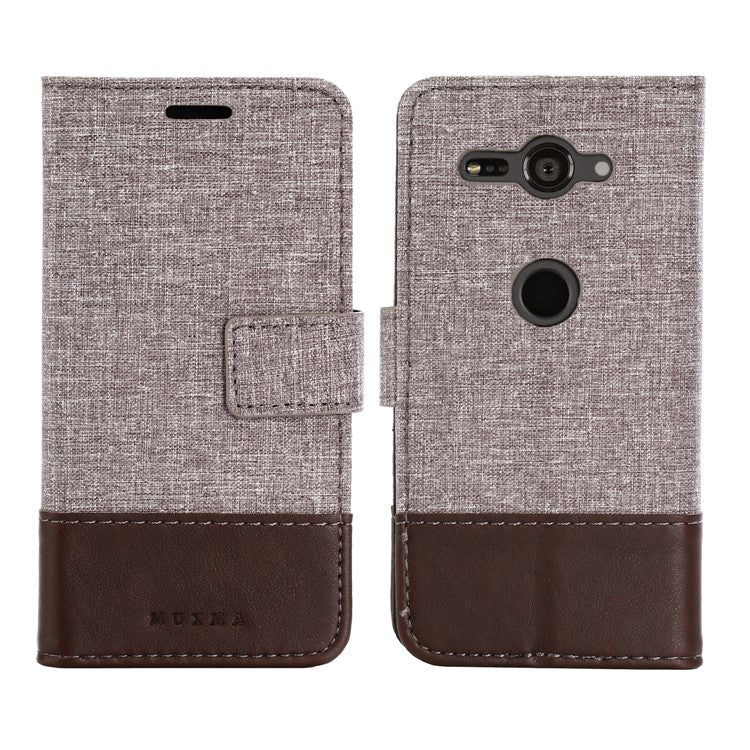 MUXMA for Sony Xperia XZ2 Compact Splicing PU Leather Canvas Wallet Stand Cover - Brown