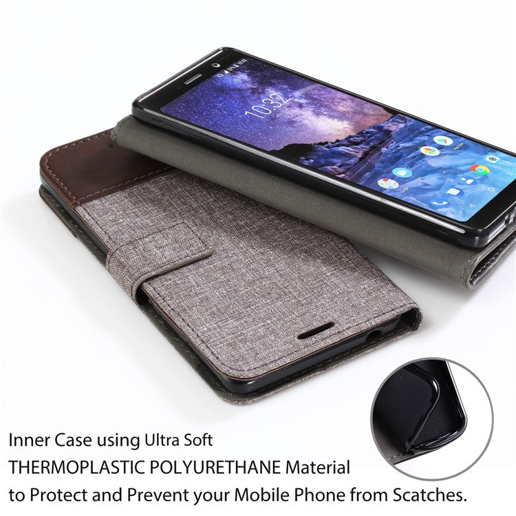 MUXMA for Sony Xperia XZ2 Compact Splicing PU Leather Canvas Wallet Stand Cover - Brown