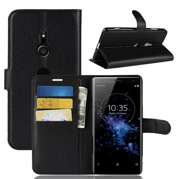 For Sony Xperia XZ3 Litchi Texture Wallet Stand Leather Case Shell - Black