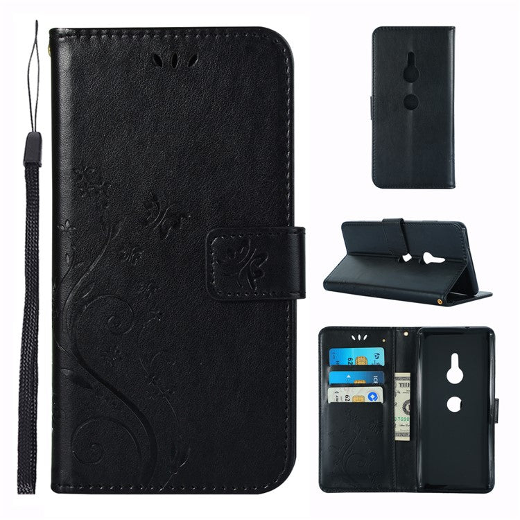 Imprint Butterfly Flower Leather Wallet Case for Sony Xperia XZ3 - Black