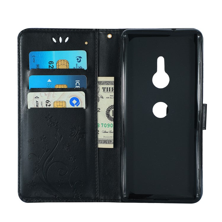 Imprint Butterfly Flower Leather Wallet Case for Sony Xperia XZ3 - Black