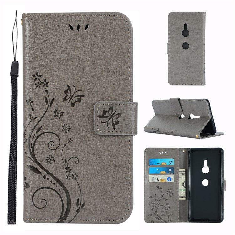 Imprint Butterfly Flower Leather Wallet Cover for Sony Xperia XZ3 - Grey