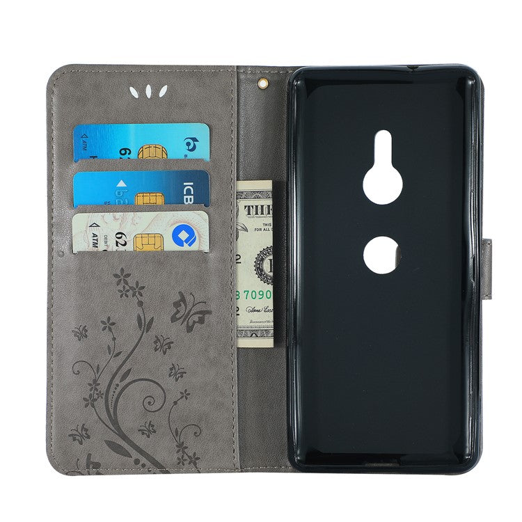 Imprint Butterfly Flower Leather Wallet Cover for Sony Xperia XZ3 - Grey