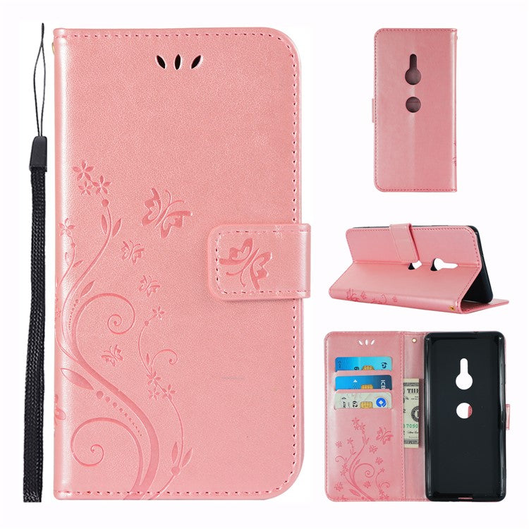 Imprint Butterfly Flower Magnetic Leather Wallet Case for Sony Xperia XZ3 - Pink