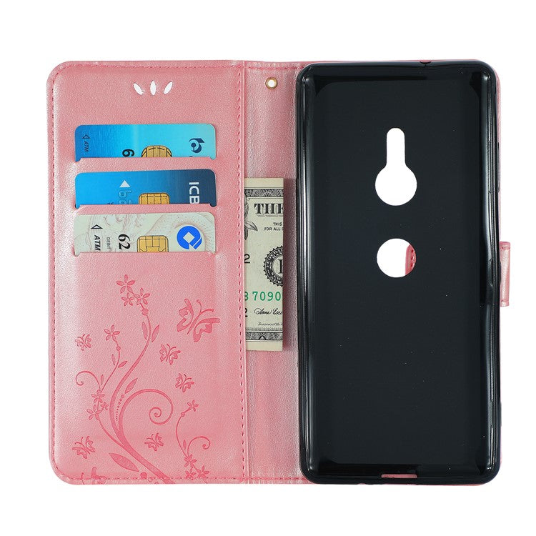 Imprint Butterfly Flower Magnetic Leather Wallet Case for Sony Xperia XZ3 - Pink