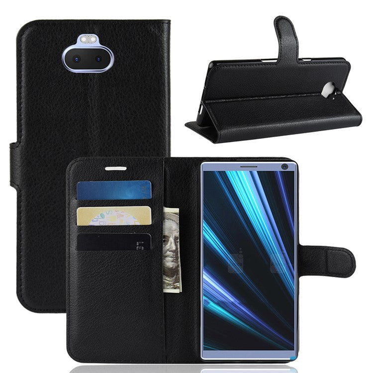 Litchi Skin PU Leather Magnetic Wallet Stand Case for Sony Xperia 10 - Black