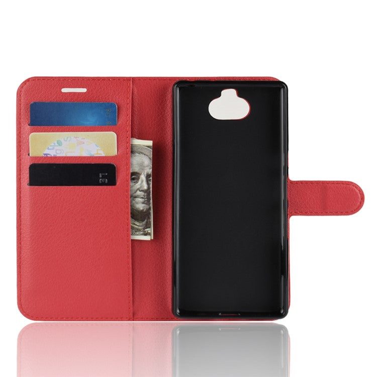 Litchi Skin PU Leather Magnetic Wallet Stand Shell for Sony Xperia 10 - Red