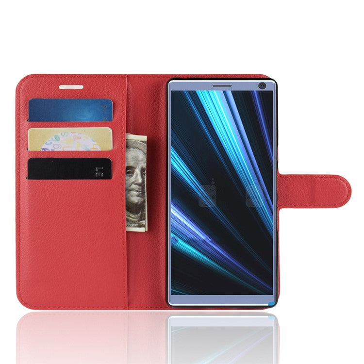 Litchi Skin PU Leather Magnetic Wallet Stand Shell for Sony Xperia 10 - Red