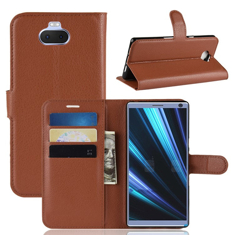Litchi Texture PU Leather Magnetic 3 Card Slots Stand Case for Sony Xperia 10 - Brown