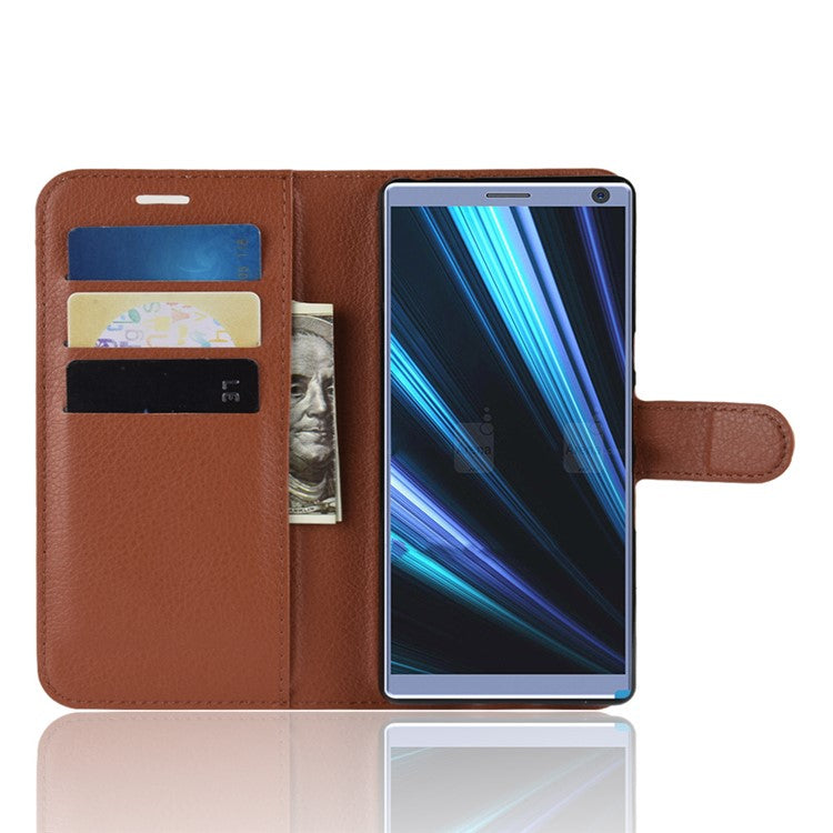 Litchi Texture PU Leather Magnetic 3 Card Slots Stand Case for Sony Xperia 10 - Brown
