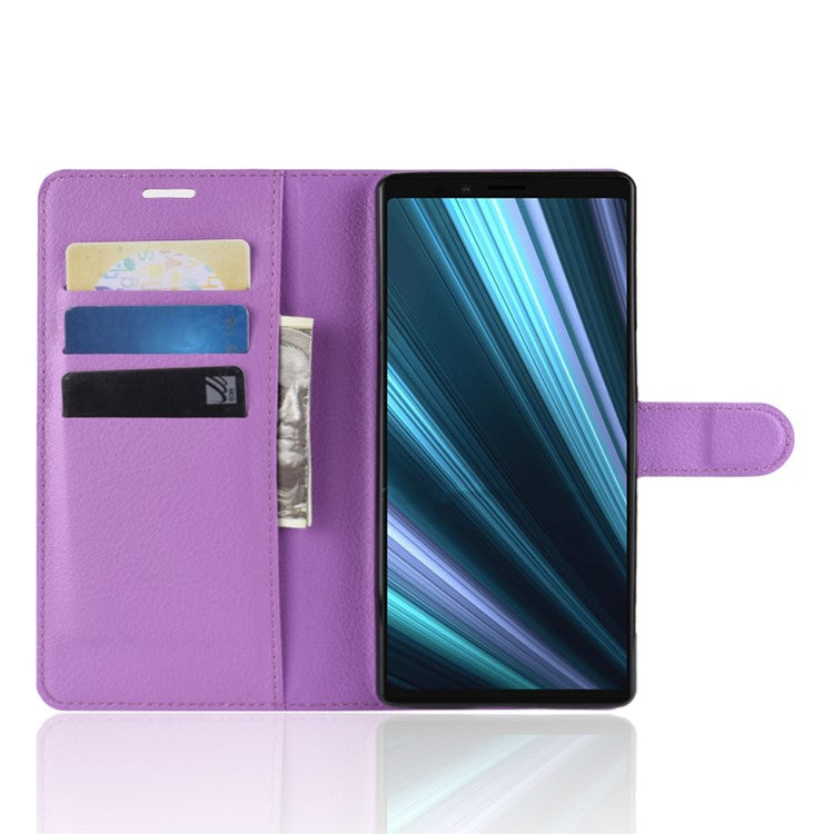 Litchi Skin PU Leather Magnetic Wallet Stand Protective Cover for Sony Xperia 1 - Purple