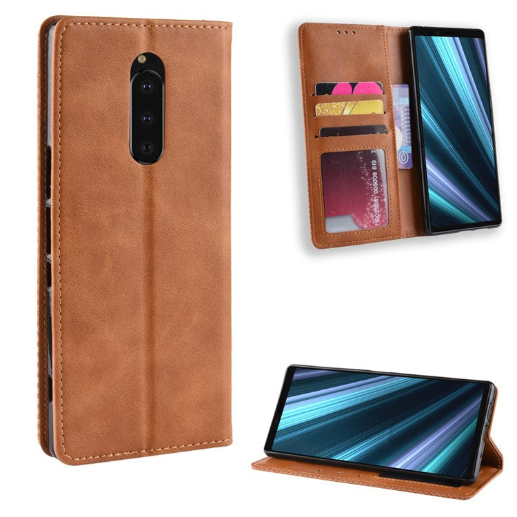 Vintage Style Leather Wallet Case for Sony Xperia 1 - Brown