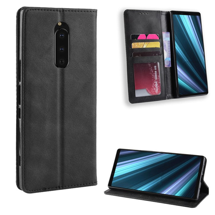 Vintage Style Leather Wallet Cover for Sony Xperia 1 - Black