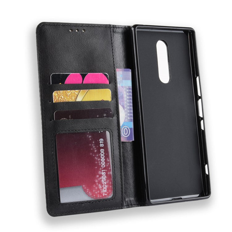 Vintage Style Leather Wallet Cover for Sony Xperia 1 - Black