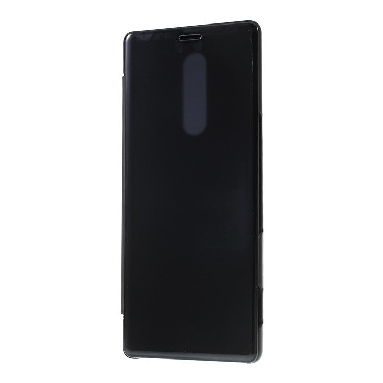 Electroplating Mirror Surface View Window Leather Stand Cover for Sony Xperia 1 - Black