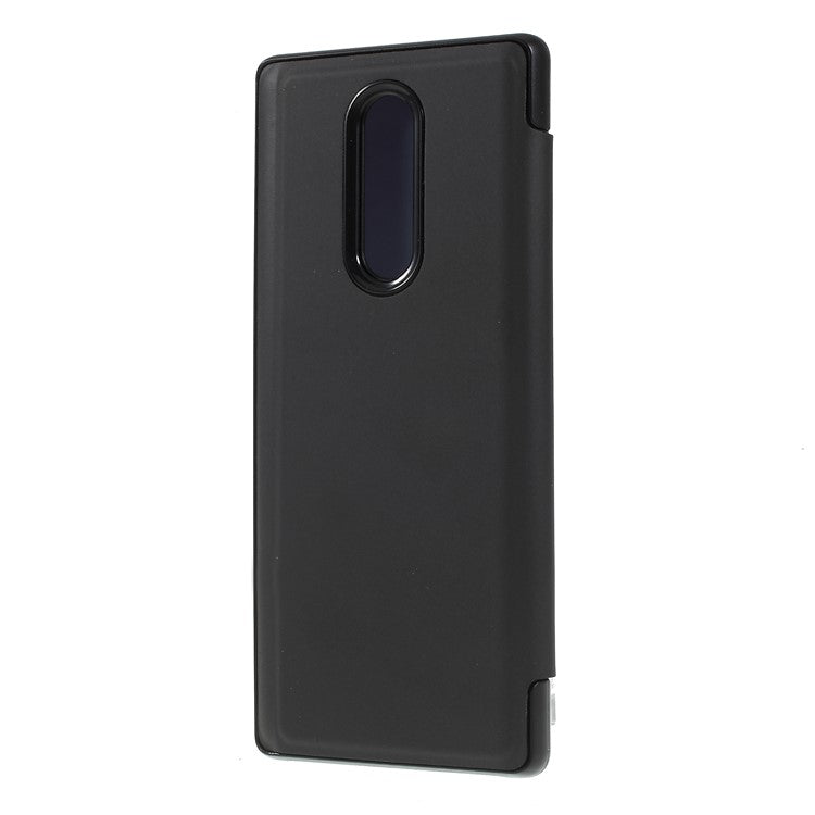 Electroplating Mirror Surface View Window Leather Stand Cover for Sony Xperia 1 - Black