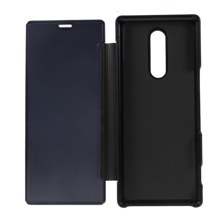 Electroplating Mirror Surface View Window Leather Stand Cover for Sony Xperia 1 - Black