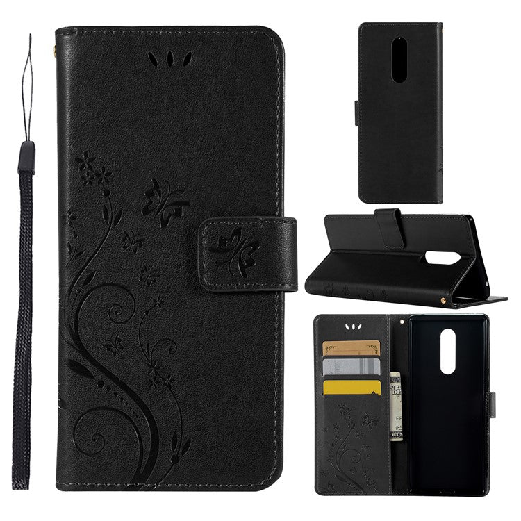 Imprint Butterfly Flower Leather Wallet Case for Sony Xperia 1 - Black