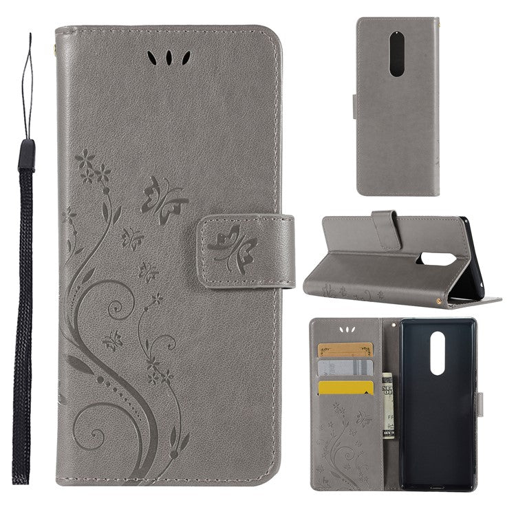 Imprint Butterfly Flower Leather Wallet Cover for Sony Xperia 1 - Grey