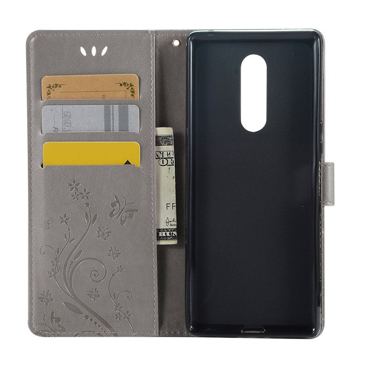 Imprint Butterfly Flower Leather Wallet Cover for Sony Xperia 1 - Grey