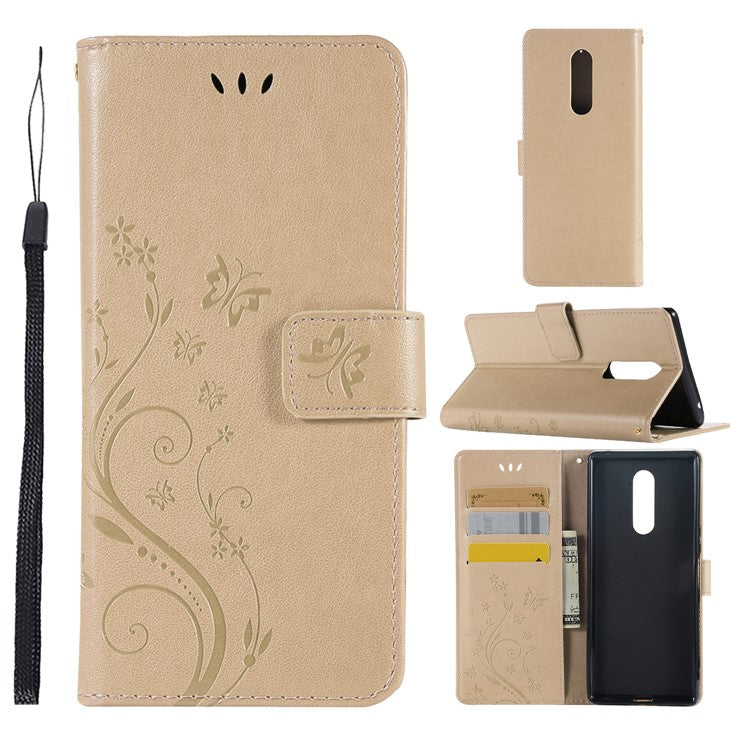 Imprint Butterfly Flower Leather Wallet Stand Case for Sony Xperia 1 - Gold