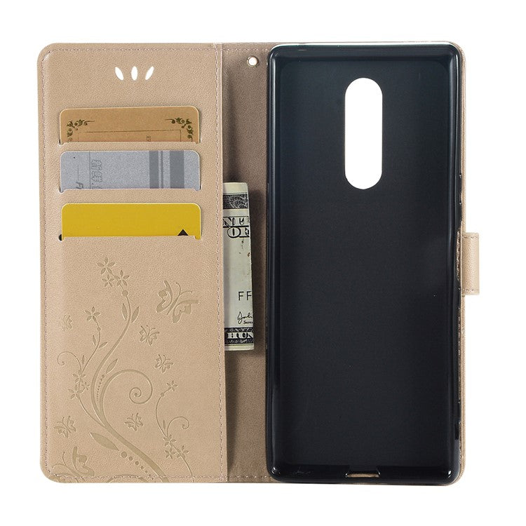 Imprint Butterfly Flower Leather Wallet Stand Case for Sony Xperia 1 - Gold