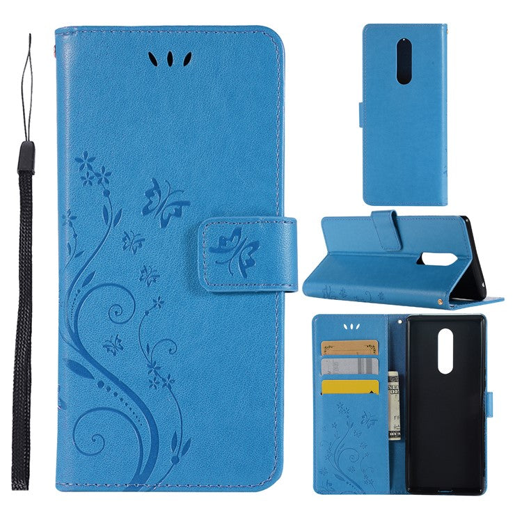 Imprint Butterfly Flower Magnetic Leather Wallet Case for Sony Xperia 1 - Blue