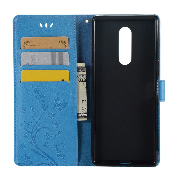 Imprint Butterfly Flower Magnetic Leather Wallet Case for Sony Xperia 1 - Blue